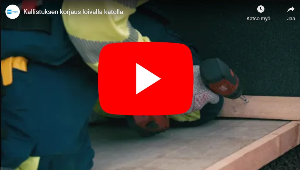 Kallistuksen korjaaminen loivalla katolla asennusvideo Icopal Suomi